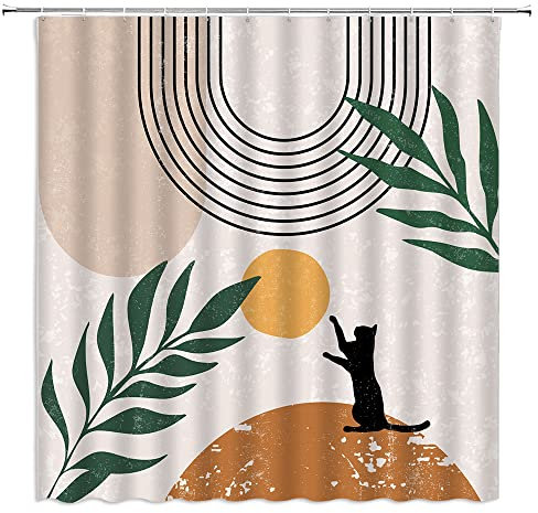 NYDSZNE Rideau de douche motif chat noir du milieu du siècle, moderne, abstrait, bohème, rétro, géométrique, arc-en-ciel, soleil, feuille verte sauge, orange, neutre minimaliste, esthétique, rideau de