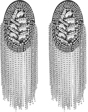 SUPERFINDINGS 2 Pcs Strass Épaules Badges Détachables Fer Gland Épaulettes Rétro Platine Épaule Broche pour Hommes et Femmes Tissu Uniforme Accessoires, 185x54mm