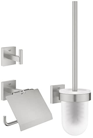 GROHE Start Cube Set d'Accessoires 3-in-1 (Patère Murale, Dérouleur Papier Mural et Porte-balai WC), A coller avec GROHE QuickGlue ou à visser, Supersteel, 41123DC0