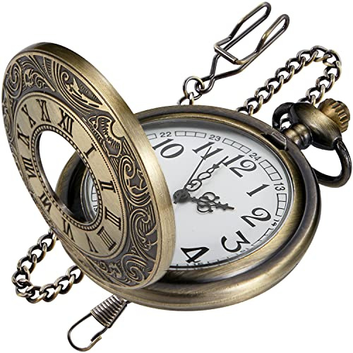 Tiong Vintage Römische Zahl Quarz Steampunk Taschenuhr mit Kette für Herren Geburtstag Weihnachten Geschenke, 1rome Bronze Weiß2