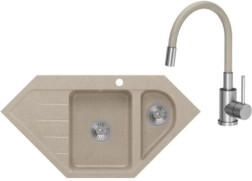 VBChome Eckspülbecken mit Armatur 95x49 cm Beige Granit 1,5 Becken 1,5 Abtropffläche Küche Einbauspüle Küchenspüle Gesprenkelt Spülbecken Siphon Armatur