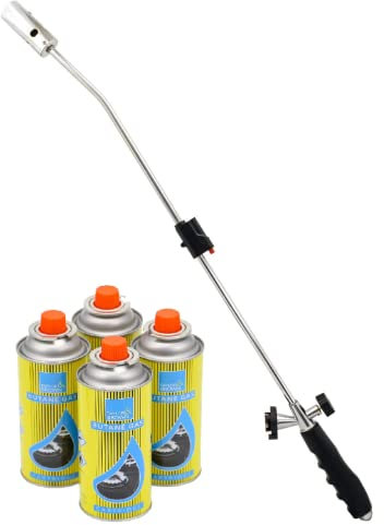 Weed Wand Killer with Adjustable Flame - Blowtorch Butane Gas Destroys Garden Moss, Fungus, De-Icing, Lighting BBQ's - Weed Zapper with Cordless Design (Weed Wand + 4 Canisters)