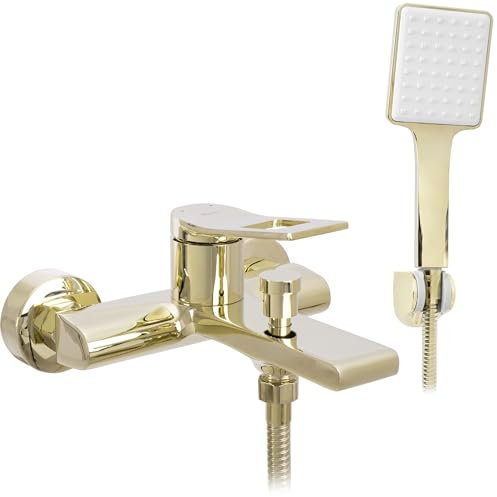 Rea Badewannenarmatur SOUL GOLD Wasserhahn Badewanne Einhebel Wannenarmatur mit Handbrause Badarmatur aus Messing Mischbatterie Wandmontage (Gold)