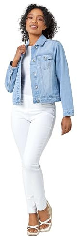 Roman Originals Jean Denim Jacket for Women UK - Ladies 100% Cotton Summer Casual Stretch Crop Smart Utility Trucker Biker Fitted Vintage Wash Faded Classic Jeans Work - Petite Light Blue - Size 8