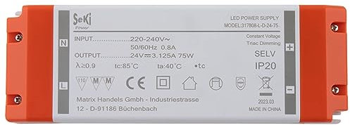 SeKi 24V DC 75W 3,12A Konstantspannungs LED Treiber TRIAC Dimmbar, Transformator, Schaltnetzteil; keine Mindestlast, kein Rauschen/LED-Flimmern, MM Zulassung