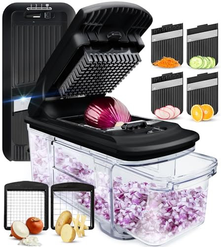 Fullstar All-in-1 Vegetable Chopper, Mandoline Slicer & Cheese Grater - Multi Blade French Fry Cutter & Veggie Dicer - Includes Bonus Handheld Spiralizer & Kitchen Gadgets (4 in 1, Black)