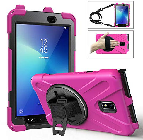 Coque Antichoc pour Samsung Galaxy Tab Active 2 8.0 T390 T395 T397, Étui Robuste avec Support Rotatif à 360°, Dragonne et Bandoulière Réglable, Porte-Stylet