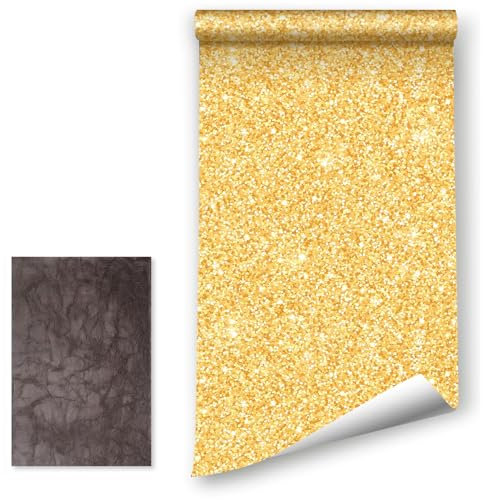 LZH-LP Self Adhesive Wallpaper 41x600CM Gold Sequins Chunky Glitter Wallpaper Peel and Stick Vinyl Paper Sticky Back Removable Wallpaper for Wall Cabinets Decor with Leather Repair Patch