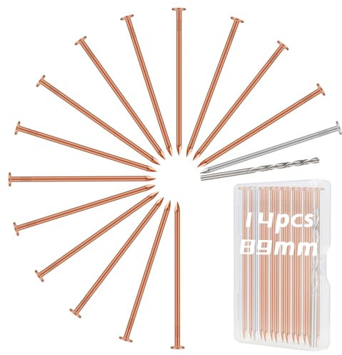 LALAGO 14 stück Große Kupfernägel, Kupfernägel Baumkiller, Solid Kupfer Schlagkraft Nägel, 89mm Lange Kupfernägel für Bäume mit 89mm Stahlnägel und 70mm Bohrnägel, Kupfer Baumstumpf Vernichter