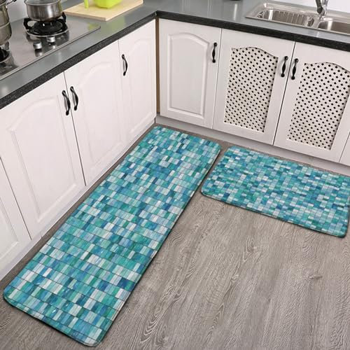 ducanll Tappeto da cucina blu a scacchi, 2 pezzi, 110 x 43 cm, motivo con cristalli, gadget da cucina, tappetini anti-fatica per pavimento della cucina, tappeto lavabile per bagno