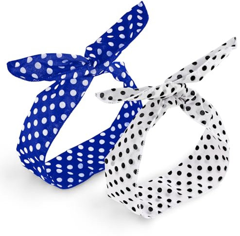 Prasacco 2 Stück Gepunktete Stirnbänder, Retro Schleifen Stirnbander Biegbar Wire Haarbänder Niedliches Geknotetes Haarbänder für Mädchen und Frauen (Blau, Weiß)