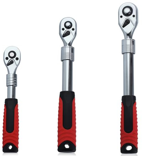 LEONTOOL 3 Piece Extendable Ratchet Wrench Set 1/4 3/8 1/2 Inch Drive 72-Tooth Quick-Release Retractable Socket Wrench Reversible Ratcheting Wrench Mechanical Tools, CR-V, Soft Grip Handle Hand Tool