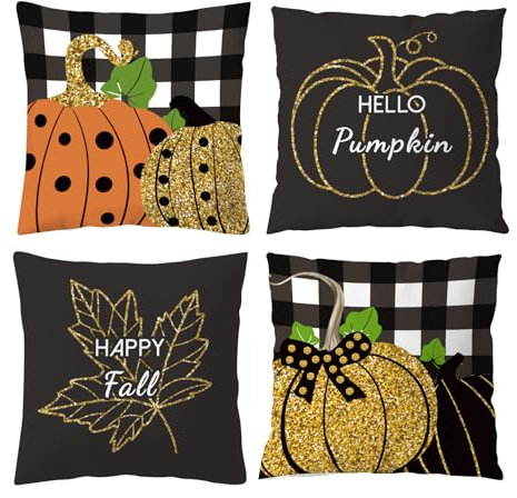 Aitsite Herbst Kissenbezug, Kissenbezüge Herbst 45x45, 4er Pack Kissenbezug Herbst, Schwarz Gold Kürbis Kissenbezug Dekorative Kissen Set Sofa Wohnzimmer Dekoratio