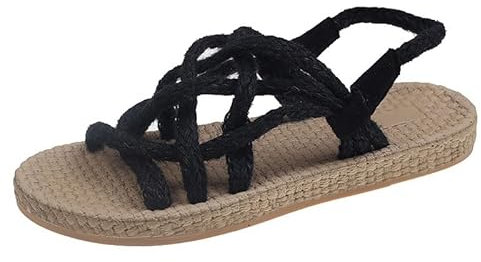 DUOMIYX Sandalia Sandalias De Cuerda De Cáñamo Retro Para Mujeres Casual Con Sandalias De Playa-Negro-36