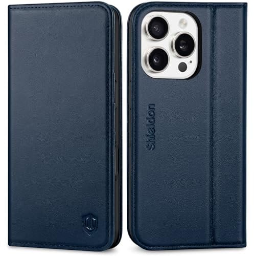 SHIELDON Wallet Case for iPhone 16 Pro, Genuine Leather Shockproof Folio Case with [Card Holder][RFID Blocking][Viewing Stand][TPU Shell] Magnetic Flip Cover Compatible with iPhone 16 Pro - Navy Blue