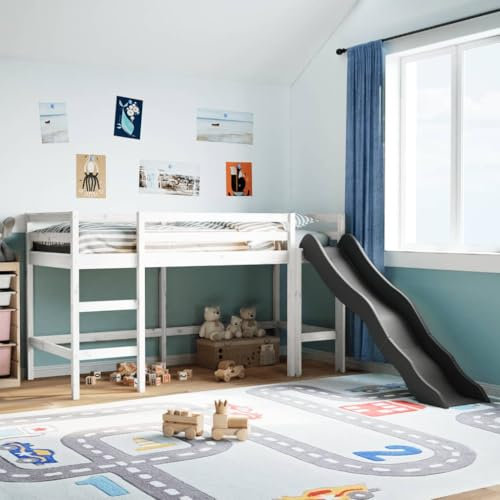 vidaXL Kids' Loft Bed - Solid Pine Wood - White - 90x200 cm - Safety Guardrails on All Sides - Ladder & Slide - Space for Storage/Play - Mid Sleeper Bed