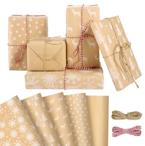 GWHOLE Geschenkpapier Weihnachten 43 x 300 cm Weihnachtsgeschenkpapier Rollen Weihnachtspapier Geschenkpapier Wrapping Paper Packpapier Kraftpapier Geschenkverpackung für Weihnachten, 5 Rollen