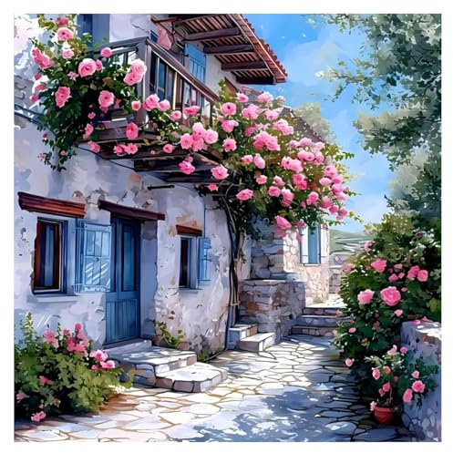 Xobers art Paysage Peinture Numero Adulte, Peinture par Numero Adulte, Peinture Numero Cabane et Fleurs, Kits de Peinture au Numéro pour Décoration Maison et Cadeau 40x40 cm