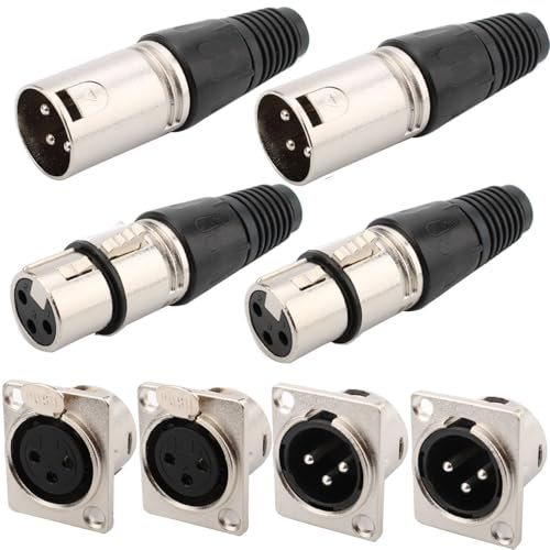 RUNCCI-YUN 4 Piezas Conector de soldadura XLR 3 pines,Conectores XLR,enchufe de cable de micrófono,toma de audio de micrófono +4 Piezas Conectores Hembra de Montaje en Panel XLR 3 Pines