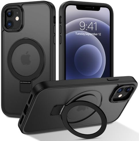 DUEDUE for iPhone 12 Mini Case Magnetic,Phone Case for iPhone 12 Mini with Ring Stand, Translucent Matte Back Protective Cover Shockproof Kickstand Phone Case for iPhone 12 Mini 5.4, Black