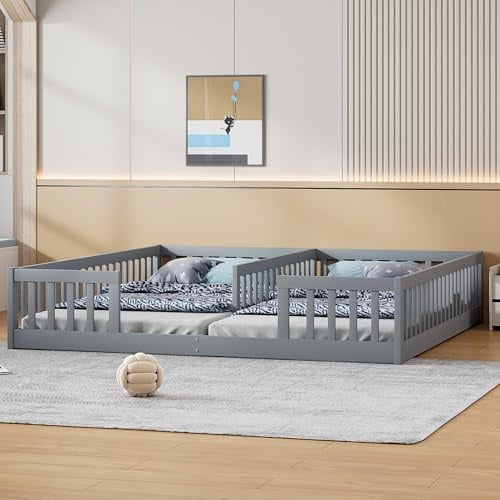 WIZBED Kindebett Bodenbett 90x200 cm für 2 Kinder mit rausfallschutz, ohne Lattenrost, Einzelbetten 2-in-1, Holz Geschwister Bett, Massivholz Bodentief, Montessori Gitterbett (Grau, 90x200)