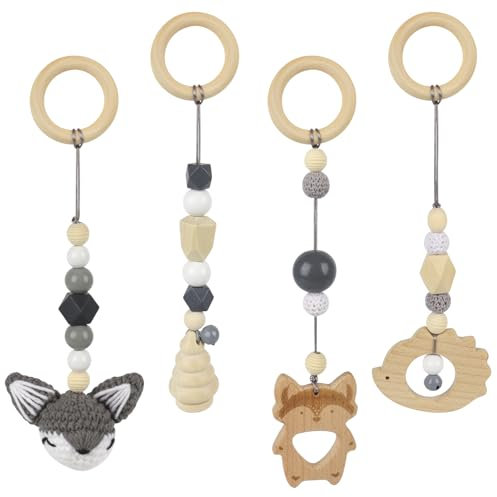 SKIKHN 4 Stück Spielbogen Baby Spielzeug ab 0 Monate, Anhänger Spielbogen Baby Gym, Holz Spielbogen für Babys, Spielebogen Babies Toys für Mädchen Jungen für Babyschale und Kinderwagen
