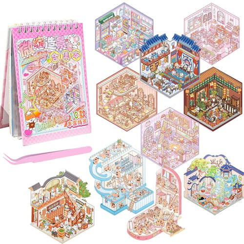 lomdung 10 Sets 3D House Stickers, Miniatur Haus Sticker 3D mit Pinzette, DIY Cozy Little Home House Scene Sticker Book, Fun DIY Stickers Scene, Relief Stress für Erwachsene und Kinder