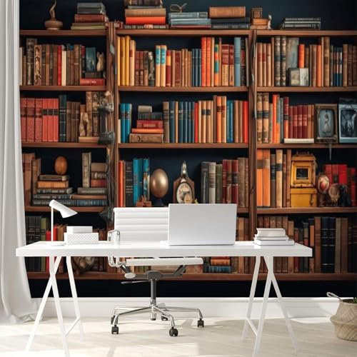 Self Adhesive Wall Mural Wallpaper Library Photo Wallpaper Vintage Bookcase 3D Effect Art Poster for Living Room Bedroom Home Decoration 150x105 cm A-0149