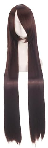 Namzi Echthaar-Perücke, gerade, mit Pony, hitzebeständig, bunt, für Cosplay, Kostüm, Party, Alltag, 100 cm, Dunkelbraun, 100 cm