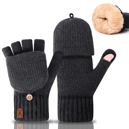 Gucass Fingerlose Handschuhe mit Kappe, Winter Flip Handschuhe für Damen Herren, Warm Strick Halbfingerhandschuhe mit Alpakawolle, Touchscreen Winterhandschuhe für Laufen Radfahren Fahren