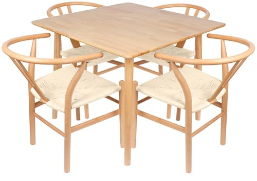 Nicholas Winter 4-Piece Wooden Scandi Dining Set - Natural/Natural - 90x90cm Table with 4 Beech Wood Chairs Woven Rope Seats - Mid-Century Modern Scandinavian Style for Kitchen Dining Room Café