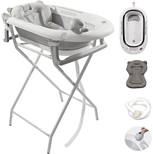 cozzeo Baignoire Pliable Bébé sur Pied – avec Tuyau de Vidange – Thermomètre Intégré – Coussin de Bain et Sangles d’Attache – Baignoire Pliable Bébé Évolutive – Cadeau de Naissance