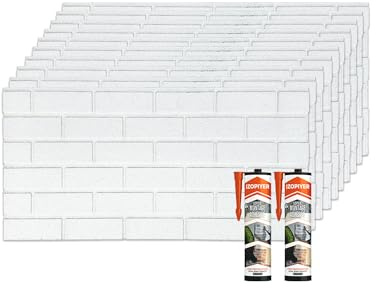 IZODEKOR Styropor Wandverkleidung Ziegeloptik Weiß 50x100x2 cm | Überstreichbar Wandpaneele Ziegeloptik aus EPS für DIY-Projekte | Wasserfest | Inklusive Styroporkleber | T-1900