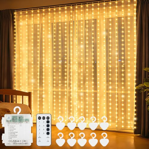 echosari 300 LED Lichtervorhang Batteriebetrieben 3M×3M Warmweiß mit Timer | Lichterkettenvorhang Silberdraht mit Fernbedienung für Hochzeit Party Schlafzimmer Fenster Innen Deko