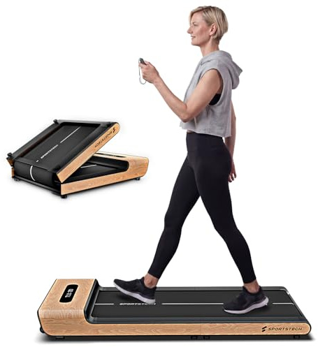 Sportstech Walking Pad Echtholz, 150kg, klappbar fürs Büro, 8 km/h, App | Fürs Home Office, Schrittzähler, unter dem Schreibtisch, kompakt, LED-Display, Bluetooth, gelenkschonend, WoodPad Pro