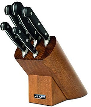 Arcos Serie Clasica - Juego de Cuchillos de 5 piezas en Caja de Regalo (5 Cuchillos) - Hoja de Acero Inoxidable Forjado NITRUM - Mando de Polioximetileno (POM) - Bloque de madera color marrón acabado lacado