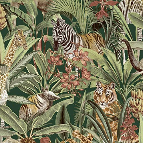 Safari Animal Fusion Wallpaper Green Holden 13010 - Tropical, Jungle, Zebra, Tiger, Giraffe
