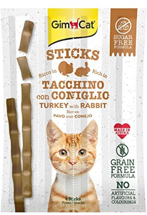 GimCat Sticks Truthahn & Kanninchen - Softer Kausnack als Belohnung mit hohem Fleischanteil und Vitaminen - 24 Packungen (24 x 20 g)