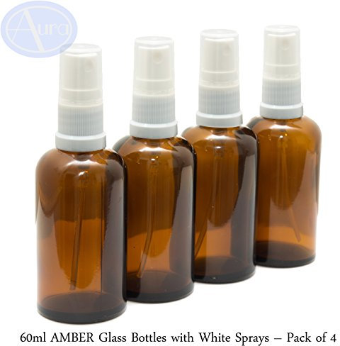 Aura 60ml AMBER Glass Bottles with White ATOMISER Sprays - PACK of 4