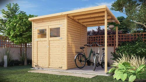 Alpholz Gerätehaus Mollie Plus 335x199 cm Fichtenholz 14 mm Wandstärke Pultdach mit Anbau und Schleppdach inkl. Montagematerial