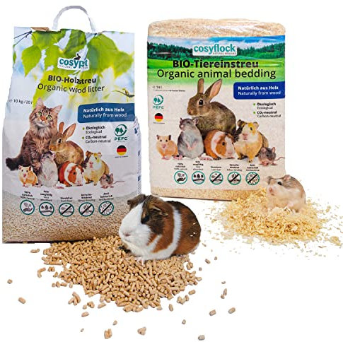 COSYPET Einstreu Pellets für Kaninchen, Hamster und Nager [100% Bio + Natürlich] – saugstark + geruchsbindend – Nicht klumpende Holzstreu (Einstreu Set, 10 kg Pellets + 3,2 kg Flocken)
