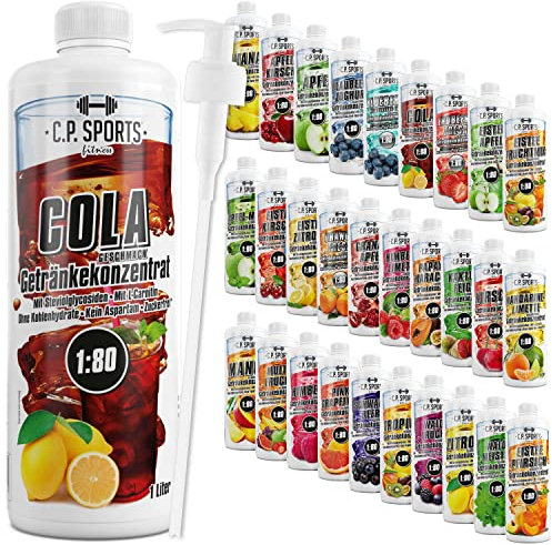 C.P. Sports Getränkesirup COLA für Mineraldrink I VITAMINE + ZUCKERFREI* I Getränkekonzentrat Sirup 1:80 zum Mixen mit Wasser für Vital-Drink Sport-Getränk I 1 Liter + Pumpspender