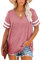 MOLERANI T-Shirts für Damen Kurzarm V-Ausschnitt Gestreifte Sommer Tops Casual Loose Tee Rosa M