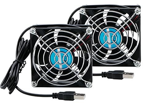 Rowiz 2pcs DC 5V 80mm (8cm) Case Fan with Metal Finger Guard, Silent Cooler USB Connected Cooling Fan for Router PC CPU TV Box, 80×80×25mm
