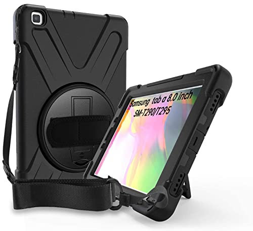 Gerutek Case for Samsung Galaxy Tab A 8.0 2019 with Screen Protector, SM-T290/T295 Full Body Shockproof case Samsung Tab A 8.0 with 360 Rotating Stand&Hand/Shoulder Strap, black