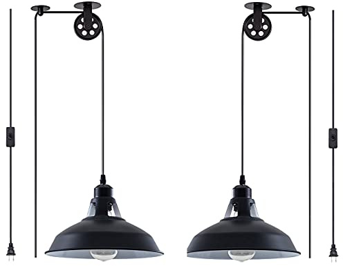 Installierte Pendelleuchte Industrial Riemenscheibe Pendelleuchte E26 Vintage Hängeleuchte Leuchte 17ft Schnur Ein/Aus-Schalter für Billardtisch, Houseplant Grow Lichter, Kücheninsel, Spüle 2er-Pack