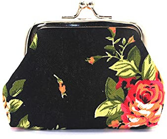 Porte-monnaie vintage pour femme avec motif floral, Noir