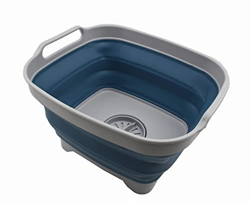 SAMMART 7,5 l zusammenklappbare Geschirrpfanne mit Abtropfstöpsel – faltbares Waschbecken – tragbare Geschirrwaschwanne – platzsparende Küchenaufbewahrung (Grau/Stahlblau, 1)