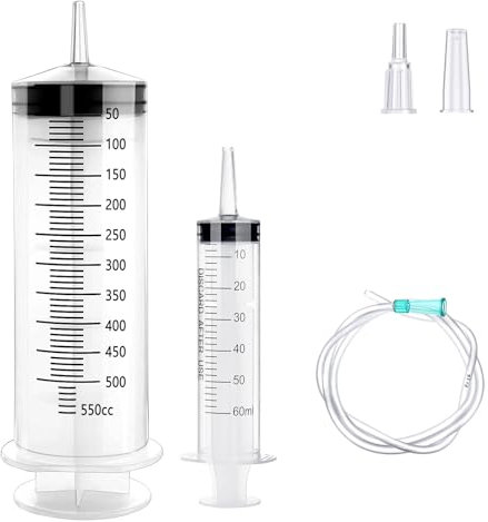 2 Spritzen, 1 große Spritze 500ml +1 Spritze 60ml, Spritze mit schlauch, Ölspritze Dosierspritze aus Kunststoff, wiederverwendbare Plastikspritze für Labor, Garten, Tiernahrung und Industrie