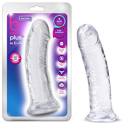 Blush Novelties B Yours Plus Roar n Ride – Realistischer, kristallklarer, weicher 8-Zoll-Dildo – Leistungsstarke Saugnapfbasis für freihändiges Spielen – Harness-Strap-On-kompatibel